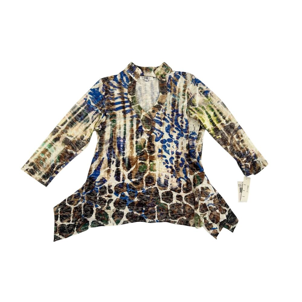 VTG Y2K PARIS IQ Designer Animal Print Leopard Multicolored Blouse Womens XXL